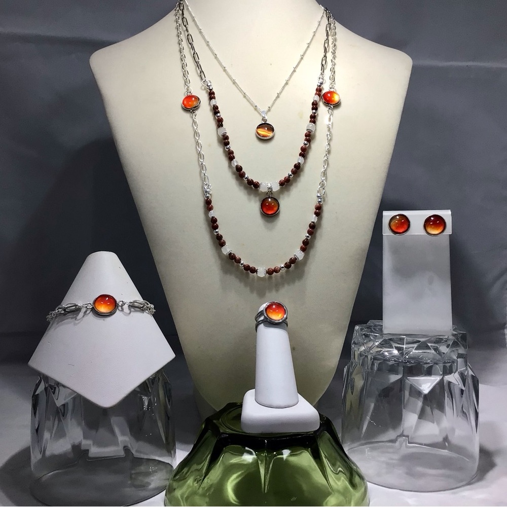 Handmade Pop of Color 3 Piece Necklace Set-Glass Cabochon-Gemstone-Jasper